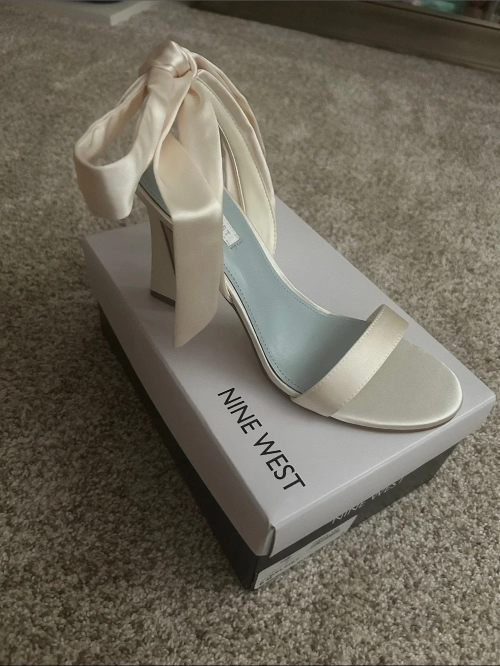 Nine West Ivory Satin Bow Ankle-Tie Block Heel Sandal